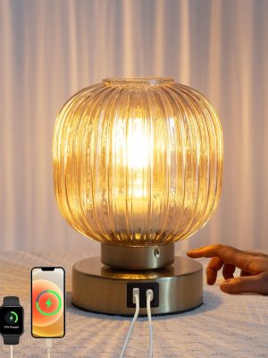 Touch Small Table Lamp,Elegant Gold Glass Bedside Lamp 3 Way Dimmable with USB C+A Charging Bedroom Nightstand & Living Room Essential, 4W Bulb Included (Gold)