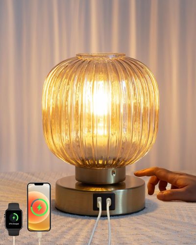 Touch Small Table Lamp,Elegant Gold Glass Bedside Lamp 3 Way Dimmable with USB C+A Charging Bedroom Nightstand & Living Room Essential, 4W Bulb Included (Gold)