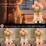 Tulip Flower Lamps, Rechargeable Cordless Small Desk Lamp, 3 Colors Dimmable Artificial Flowers Night Light, Fake Bouquet 5 Tulip with Crystal Vase for Home Date Party Decoration (Tulip-Pink)