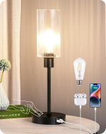 Table Lamp Touch Control, with USB C+A Charging Ports, 3 Way Dimmable Glass Bedside Lamp with Striped Glass Shade, Nightstand Lamp for Bedroom Living Room Office, Black