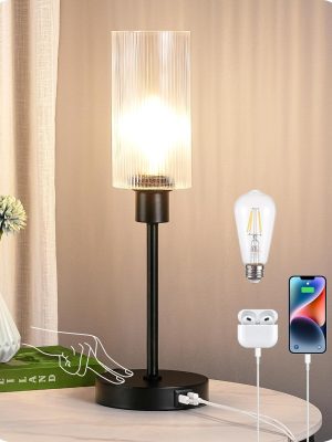 Table Lamp Touch Control, with USB C+A Charging Ports, 3 Way Dimmable Glass Bedside Lamp with Striped Glass Shade, Nightstand Lamp for Bedroom Living Room Office, Black
