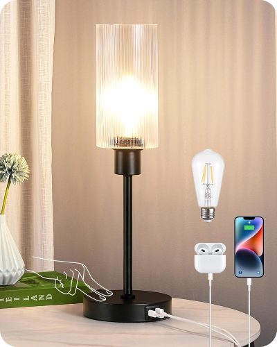 Table Lamp Touch Control, with USB C+A Charging Ports, 3 Way Dimmable Glass Bedside Lamp with Striped Glass Shade, Nightstand Lamp for Bedroom Living Room Office, Black