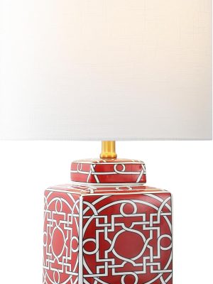 22" Modern Transitional Ceramic/Metal Square Ginger Jar Table Lamp, Red/White for Bedroom, Living Room, Office, College