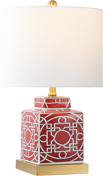 22" Modern Transitional Ceramic/Metal Square Ginger Jar Table Lamp, Red/White for Bedroom, Living Room, Office, College