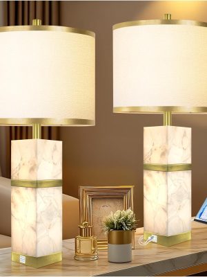 Natural Alabaster Table Lamps Set of 2 - Table Lamp with Night Light for Bedroom,Nightstand Lamps with Ports,Bedside Lamps with Linen Fabric Shade for Living Room,Bedroom,Office,Bar(Bulb Included)