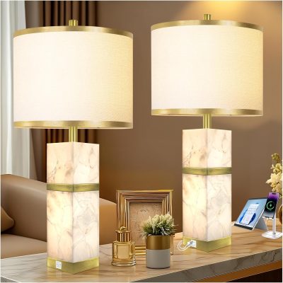 Natural Alabaster Table Lamps Set of 2 - Table Lamp with Night Light for Bedroom,Nightstand Lamps with Ports,Bedside Lamps with Linen Fabric Shade for Living Room,Bedroom,Office,Bar(Bulb Included)