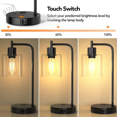 Industrial Touch Control Table Lampwith USB A+C Ports and AC Outlet, 3-Way Dimmable Bedside Nightstand Reading Lamps with Light Bulb, Glass Desk Lamp for Bedroom, Office