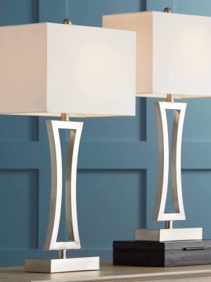 Modern Table Lamps 31" Tall Set of 2 Brushed Nickel Silver Metal Off White Fabric Rectangular Shade for Bedroom Living Room House Bedside Nightstand Home Office Entryway