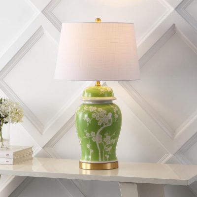 29.5" Traditional Cottage Ceramic/Metal Ginger Jar Table Lamp, Green/White for Bedroom, Living Room, Office, College