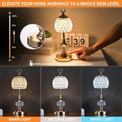 Crystal Cordless Table Lamp LED Touch Lamp, Built-in 5200 mAh Battery, Wireless USB Charging - Adjustable Light 3 Colors Light Source - Suitable,Bar,Restaurant,Room,Living Room,Outdoor