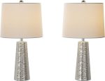 Table Lamps - Set of 2 Hammered Metal Lights with Flared Bases and Drum Shades for End Tables and Nightstands by (Brushed Silver)