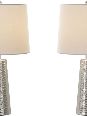 Table Lamps - Set of 2 Hammered Metal Lights with Flared Bases and Drum Shades for End Tables and Nightstands by (Brushed Silver)