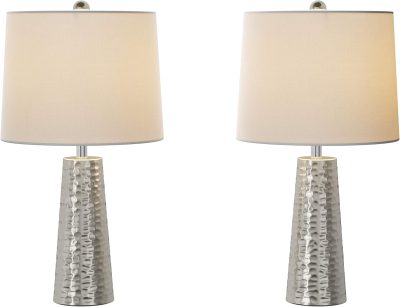 Table Lamps - Set of 2 Hammered Metal Lights with Flared Bases and Drum Shades for End Tables and Nightstands by (Brushed Silver)