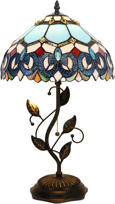 Table Lamp, Stained Glass Desk Light, W12H19 Inch, Metal Leaf Base (Baroque Style)