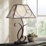 Rustic Farmhouse Table Lamp 27" Tall Vintage Brown Scroll Metal Light Mica Tapered Rectangular Shade for Bedroom Living Room House Home Bedside Nightstand Office Entryway