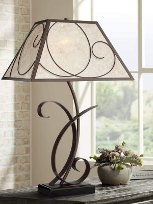 Rustic Farmhouse Table Lamp 27" Tall Vintage Brown Scroll Metal Light Mica Tapered Rectangular Shade for Bedroom Living Room House Home Bedside Nightstand Office Entryway