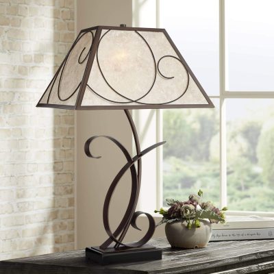 Rustic Farmhouse Table Lamp 27" Tall Vintage Brown Scroll Metal Light Mica Tapered Rectangular Shade for Bedroom Living Room House Home Bedside Nightstand Office Entryway