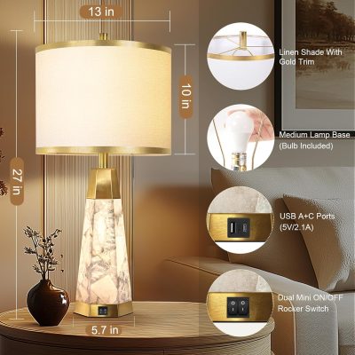 Natural Alabaster Table Lamps Set of 2 for Living Room,with Night Light,White Linen Shade, Ports,Perfect for Nightstands and Bedrooms