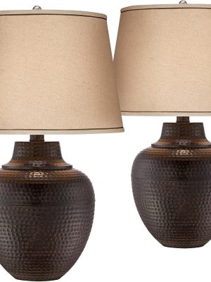 Rustic Traditional Farmhouse Table Lamps 27.25" Tall Set of 2 Hammered Bronze Metal Pot Beige Fabric Drum Shade for Living Room Bedroom House Bedside Nightstand Home