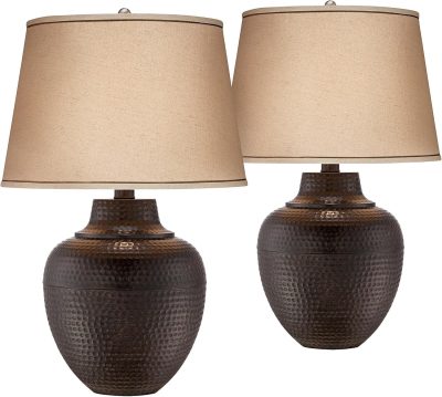 Rustic Traditional Farmhouse Table Lamps 27.25" Tall Set of 2 Hammered Bronze Metal Pot Beige Fabric Drum Shade for Living Room Bedroom House Bedside Nightstand Home