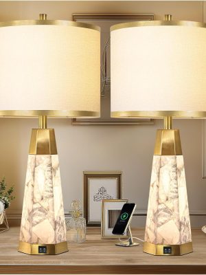 Natural Alabaster Table Lamps Set of 2 for Living Room,with Night Light,White Linen Shade, Ports,Perfect for Nightstands and Bedrooms