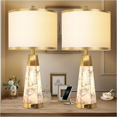 Natural Alabaster Table Lamps Set of 2 for Living Room,with Night Light,White Linen Shade, Ports,Perfect for Nightstands and Bedrooms