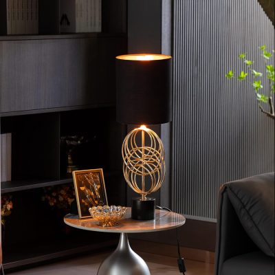 Table lamp, 26 Inch Decorative Metal Table Lamp with Gold Circular Stand and Black Cotton Lampshade, Unique Lamp for Home Decor Living Room or Bedroom