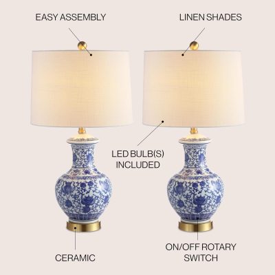 Set of 2 Table Lamps 25.25" Ceramic/Metal Table Lamp Cottage Bedside Desk Nightstand Lamp for Bedroom Living Room Office College Bookcase, Blue/White