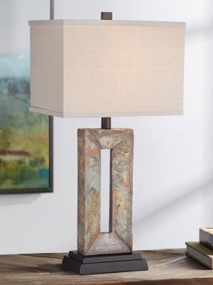 Small Rustic Traditional Style Table Lamp 26" High Natural Stale Rectangular Box Shade for Living Room Bedroom House Bedside Nightstand Home Office Reading (Color May Vary)