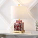 22" Modern Transitional Ceramic/Metal Square Ginger Jar Table Lamp, Red/White for Bedroom, Living Room, Office, College