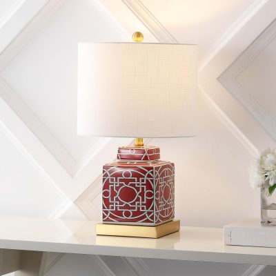 22" Modern Transitional Ceramic/Metal Square Ginger Jar Table Lamp, Red/White for Bedroom, Living Room, Office, College