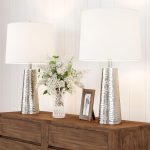 Table Lamps - Set of 2 Hammered Metal Lights with Flared Bases and Drum Shades for End Tables and Nightstands by (Brushed Silver)