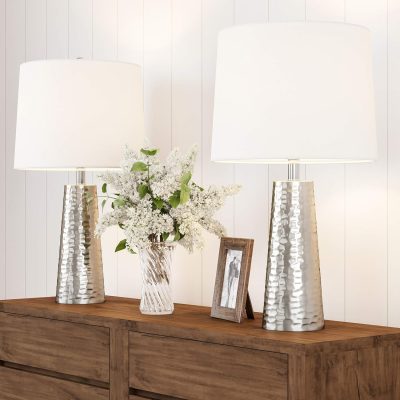Table Lamps - Set of 2 Hammered Metal Lights with Flared Bases and Drum Shades for End Tables and Nightstands by (Brushed Silver)