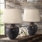Rustic Traditional Farmhouse Table Lamps 27.25" Tall Set of 2 Hammered Bronze Metal Pot Beige Fabric Drum Shade for Living Room Bedroom House Bedside Nightstand Home