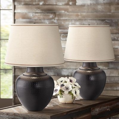 Rustic Traditional Farmhouse Table Lamps 27.25" Tall Set of 2 Hammered Bronze Metal Pot Beige Fabric Drum Shade for Living Room Bedroom House Bedside Nightstand Home