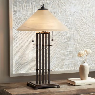 Rustic Ac Table Lamp 23.5" High Bronze Cone Alabaster Art Glass Shade Decor for Living Room Bedroom House Bedside (Color May Vary)