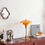 Modernist Table Lamp, Metal and Glass Bedside Light for Study Room, Bedroom, Living Room, 18 * 11 Inch, Orange+Gold