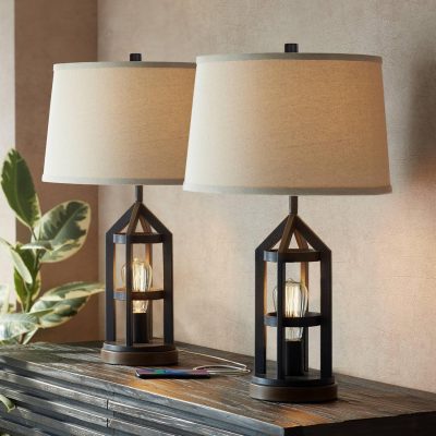 Table Lamps 26" High Set of 2 with Charging Port and Nightlight Bronze Metal Oatmeal Drum Shade for Living Room Bedroom House Bedside Nightstand Home