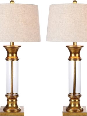 Set of 2 Table Lamps 32" Metal/Glass Table Lamp Cottage Rustic Bedside Desk Nightstand Lamp for Bedroom Living Room Office College Bookcase, Gold/Clear