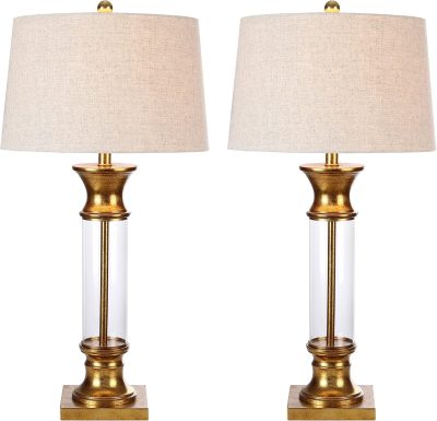 Set of 2 Table Lamps 32" Metal/Glass Table Lamp Cottage Rustic Bedside Desk Nightstand Lamp for Bedroom Living Room Office College Bookcase, Gold/Clear