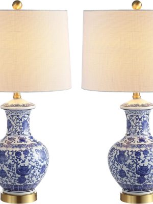 Set of 2 Table Lamps  25.25" Ceramic/Metal  Table Lamp Cottage Bedside Desk Nightstand Lamp for Bedroom Living Room Office College Bookcase, Blue/White