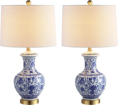Set of 2 Table Lamps 25.25" Ceramic/Metal Table Lamp Cottage Bedside Desk Nightstand Lamp for Bedroom Living Room Office College Bookcase, Blue/White